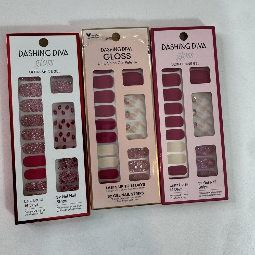 Dashing Diva 32 Ct Gel Nail Strips Press-On Pink Lot 3 Bloodstone Glam Kiss New
